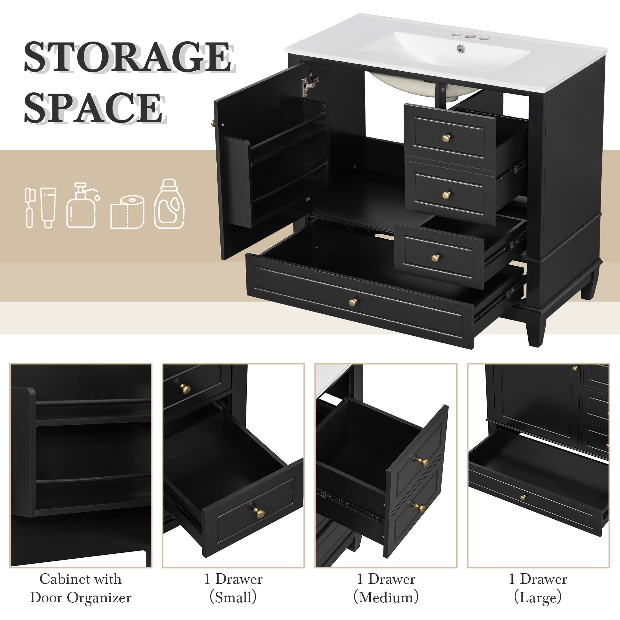 Euroco 36" Bathroom Vanity with Ceramic Sink, Multi-Size Drawers, Cabinet Storage & Iron Hardware, Freestanding Design