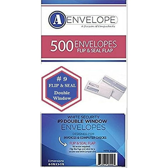 Compuchecks #9 Double Window Self Seal/Flip/Stick White Security Envelopes, 8" 7/8 X 3" 7/8, 500 Count