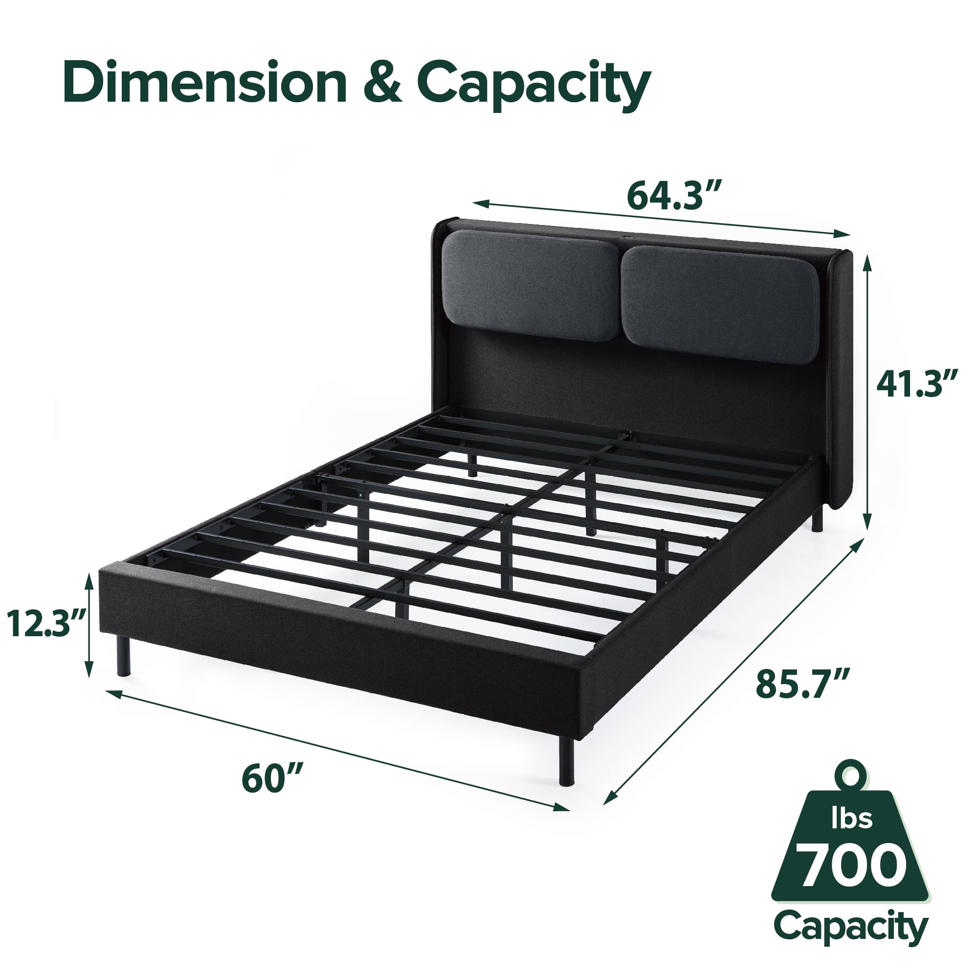 Zinus 41" Avery Platform Bed, Reclining Fabric Headboard and USB Ports, Black, Queen