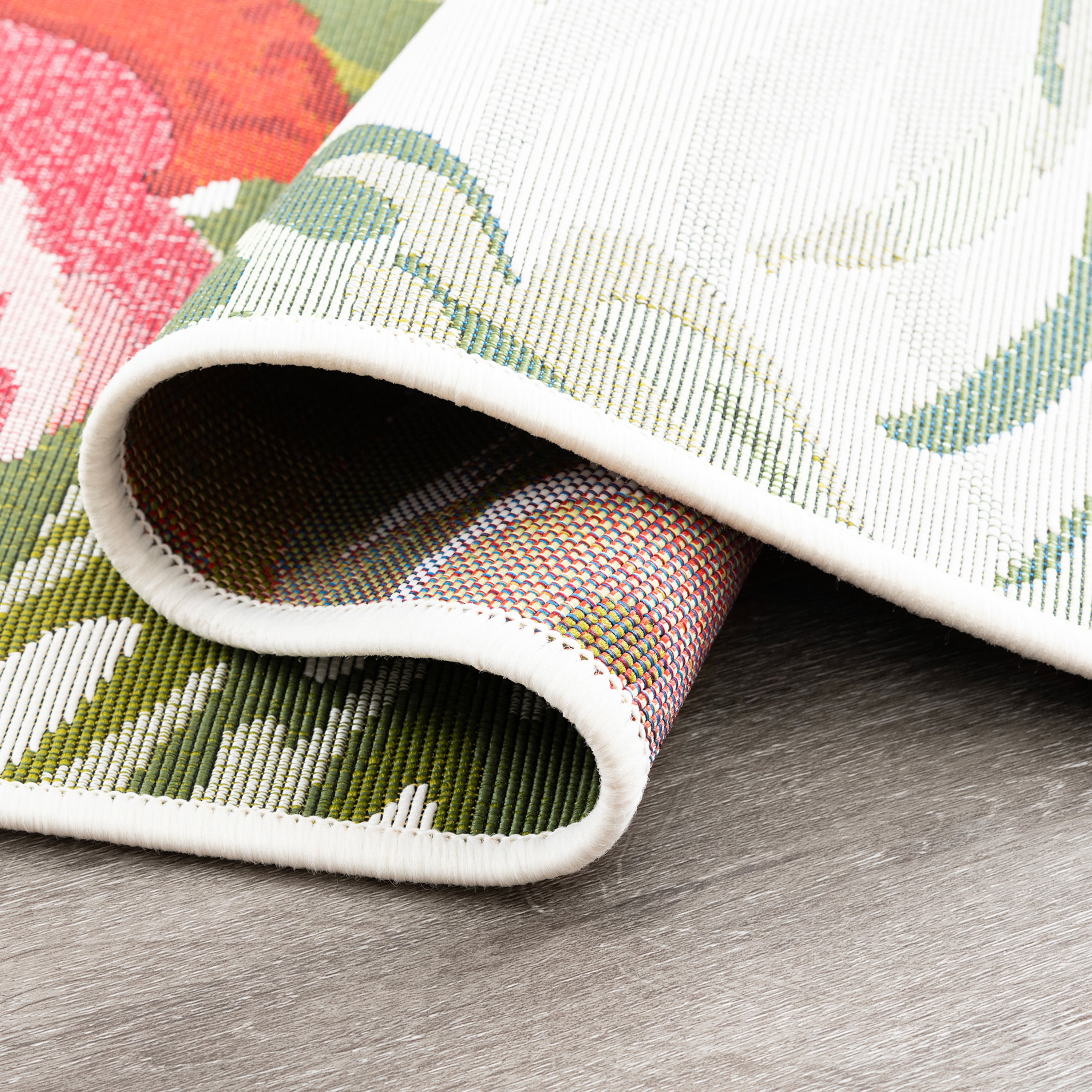 Stunning Transitional 2' x 7' Cream and Pink Polypropylene Outdoor Area Rug