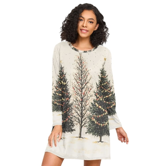 FORMRS Womens Long Sleeve Nightgowns Crew Neck Sleep Shirt Soft Pajamas Sizes S-3XL, Hand Drawn Christmas Stars