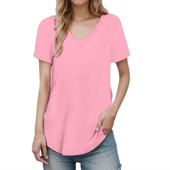 MIXUE Boho Tops For Women Summer Solid Color Round Neck Short Sleeve Casual Stylish Pullover Shirts For Women T Shirts Holiday Wear,Pink,XXL