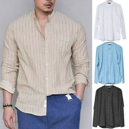 - Men Fashion Slim Turn Down Collar Long Sleeve Solid Cotton Linen Button Down Casual Shirts M-3XL