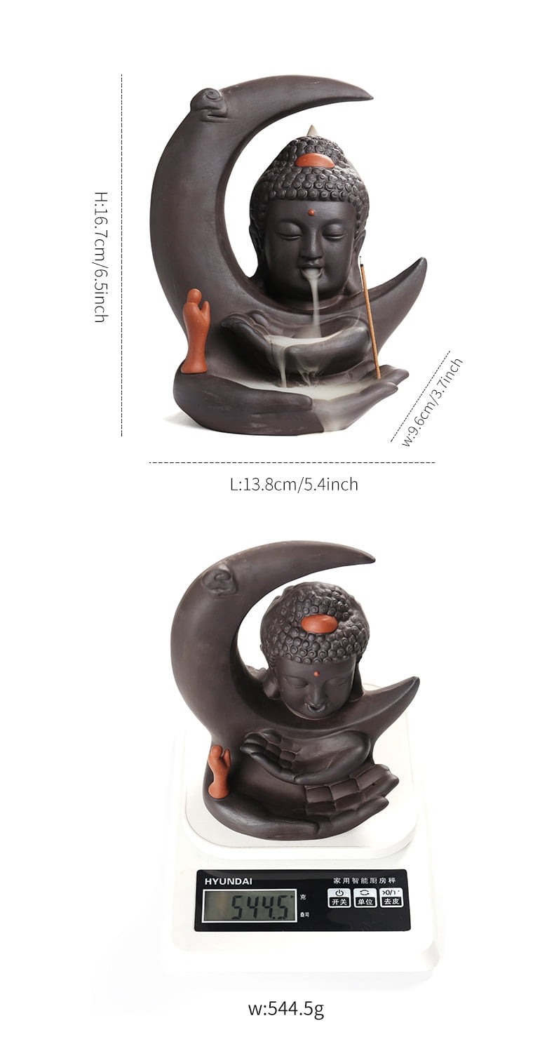 Buddha Incense Burner Backflow - Zen Ceramic Cone Incense Waterfall Burner, Moon Smoke Fountain Incense Holder with Cones & Tweezer & Fire Mat for Aromatherapy/Yoga/Home/Room/Office Deco