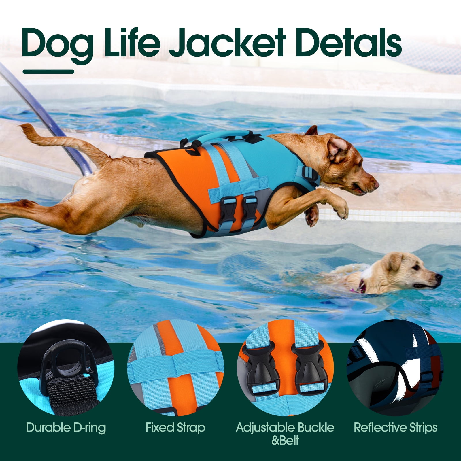 Kuoser Dog Life Jacket with Reflective Strips, Adjustable Life Vest for Small Medium Large Dogs, Blue, XL