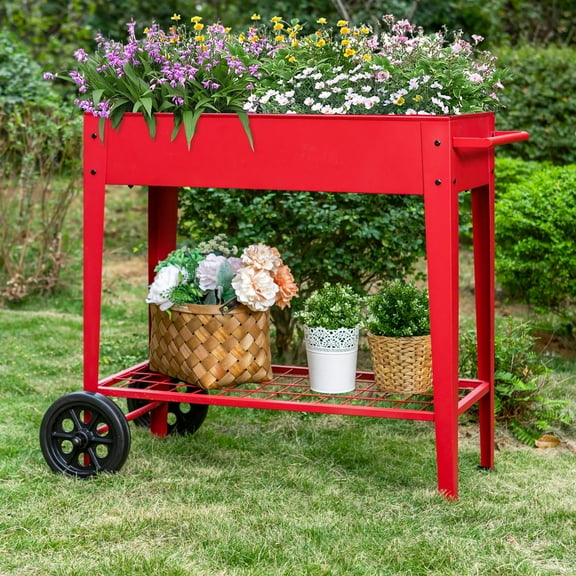 Sophia & Willam Raised Planter Box with Legs Outdoor Elevated Garden Bed on Wheels-Red