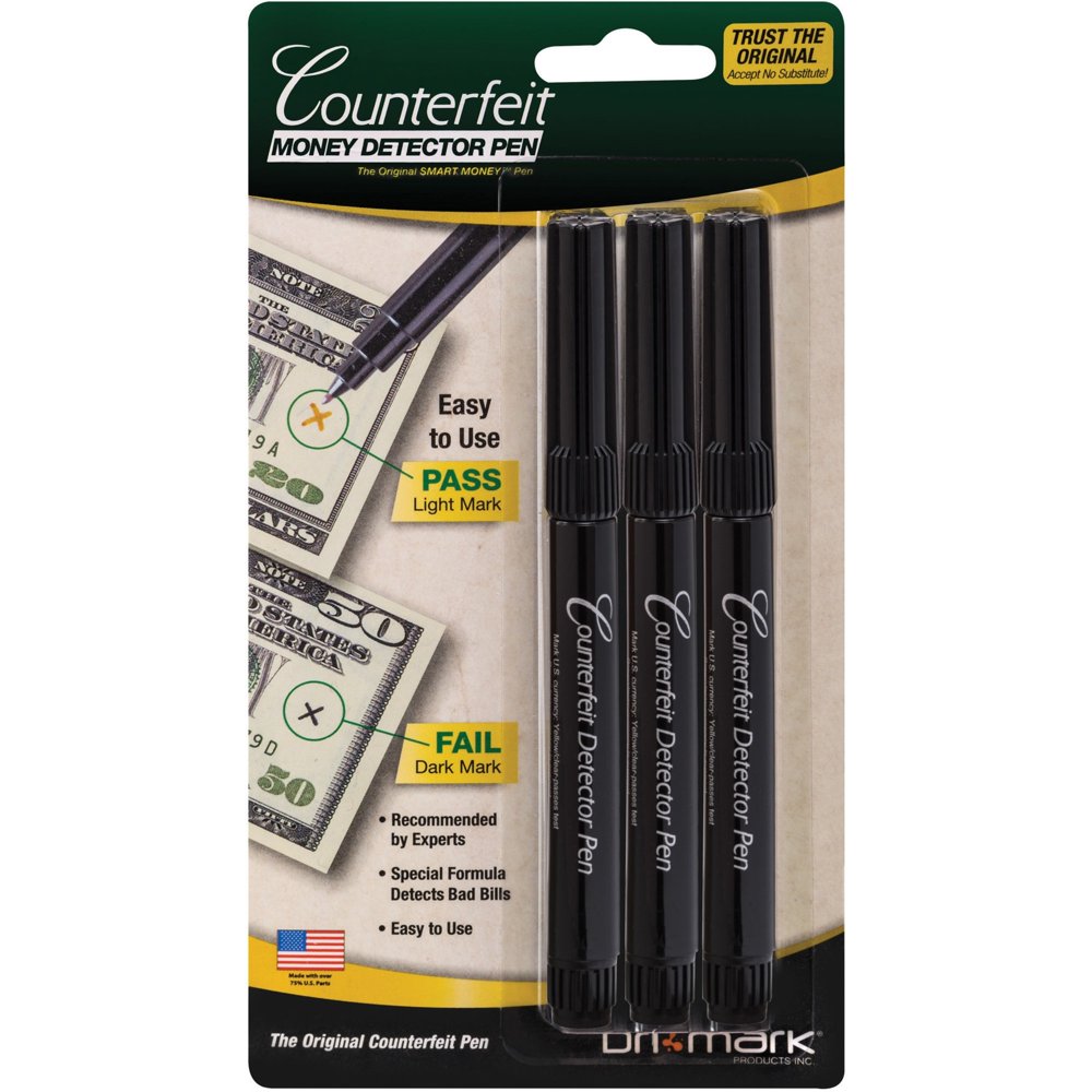 Dri Mark, DRI3513B, Counterfeit Detector Pens, 3 Per Pack, Black