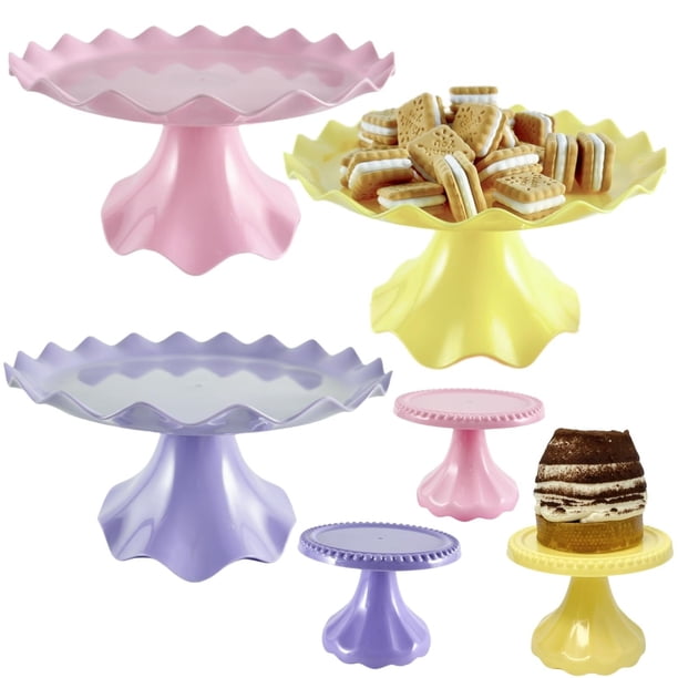 Juego de 6 expositores de mesa de postre de plástico, 3 soportes para tartas de 9 pulgadas, 3 soportes para cupcakes Mnini de 4 pulgadas, bandeja para cupcakes, diseño versátil para cumpleaños, fiesta