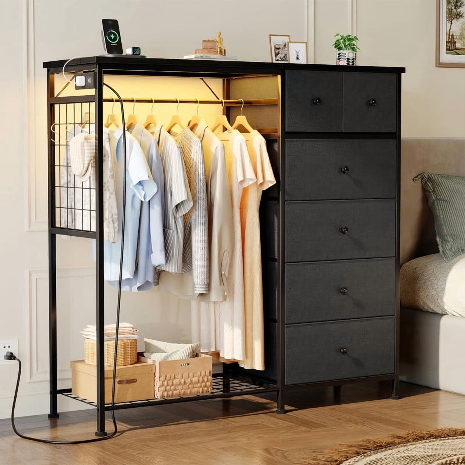 Kelno 6 Drawer Dresser with Hanging Rack LED Lights Charging Station Fabric Closet Organizer Storage Tower, Gray