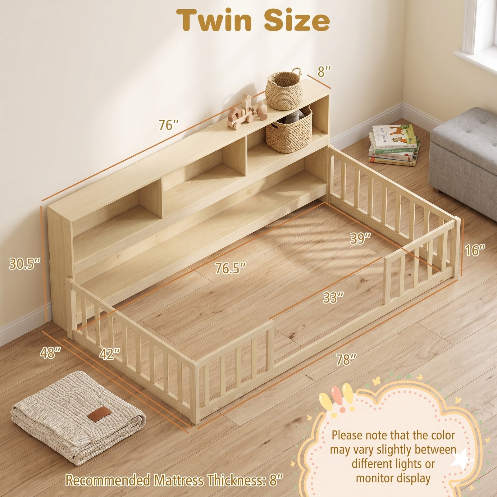 Furnibear Full Size Montessori Floor Bed Frame with Bookcase Headboard and Full Length House Rails for Kids Room, Natural