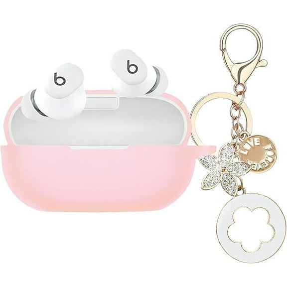 wonima88 Case Cover Compatible with Beats Solo Buds Earbuds, Soft Silicone Protective Skin with Bling Keychain Accessories for Women Girl (Pink)