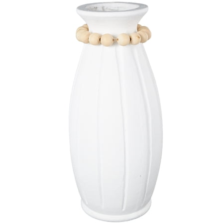 DecMode 20" White Magnesium Oxide Vase with Light Brown Beads and Carved Grooves