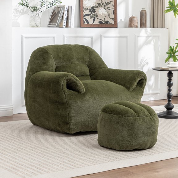 Faux Bean Bag Chair with Back Support and Footstool, Comfy Floor Sofa for Living Room Bedroom, Green