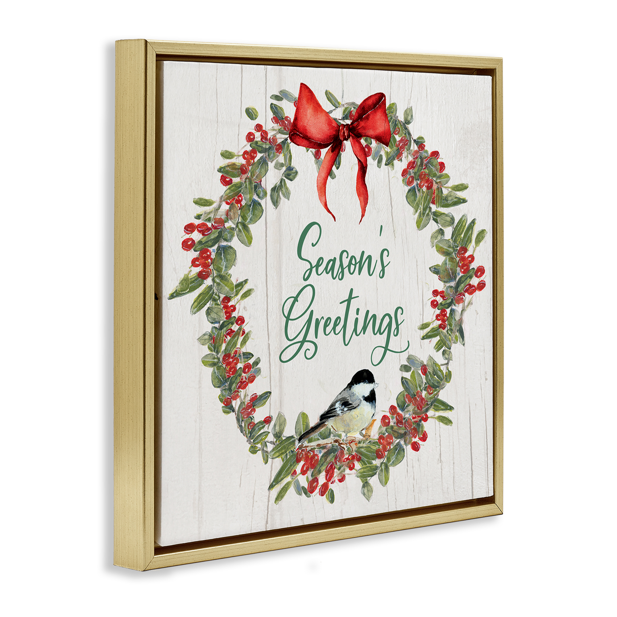 Stupell Industries Season's Greetings Wreath Holiday Painting Gold Floater Framed Canvas Art Prints Wall Art, 18 x 18