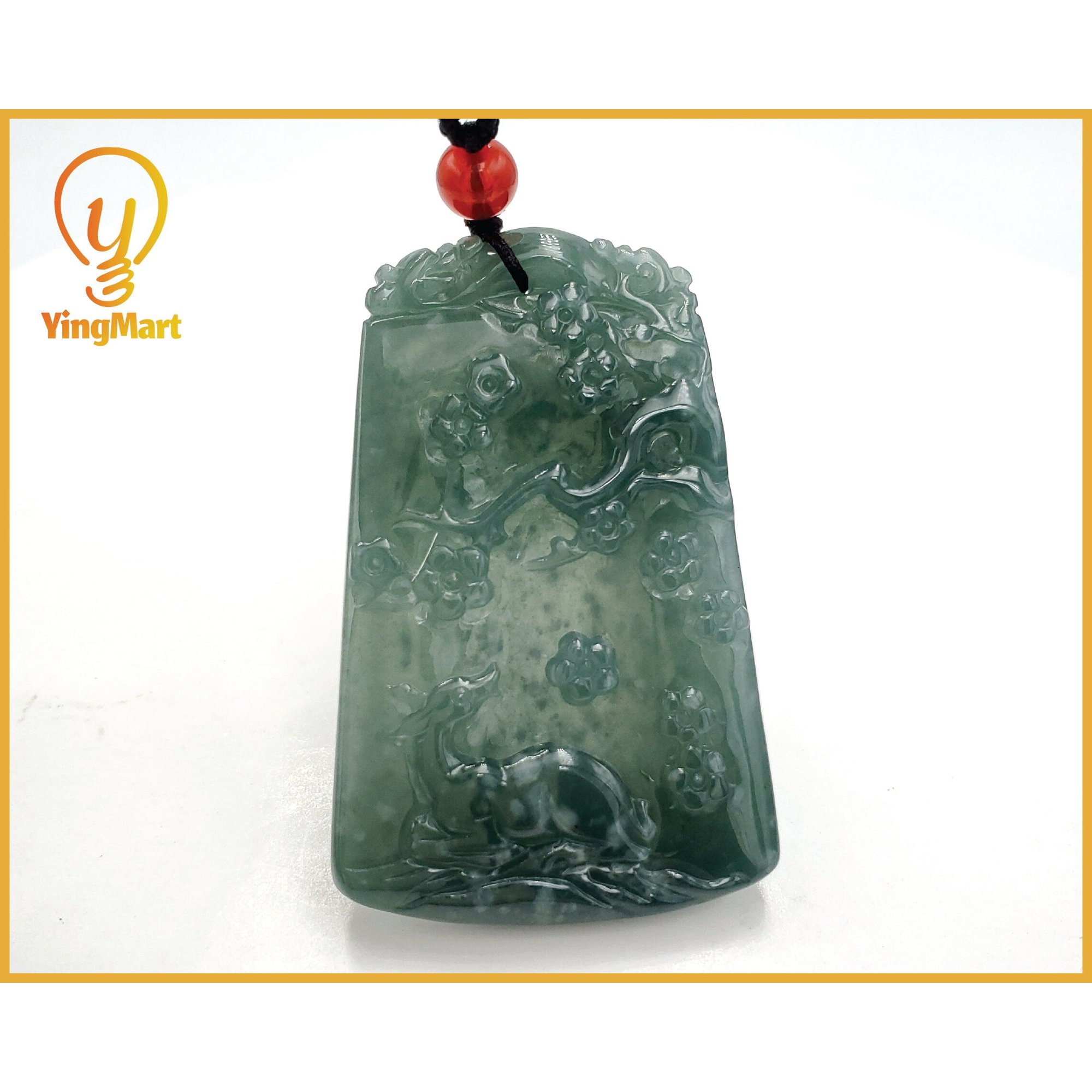 Jade Pendant Necklace | YingMart Jadeite Dark Blue Carved Deer and Flower Branch Gift for Her Grandma Sister Mens Feng Shui Personalized