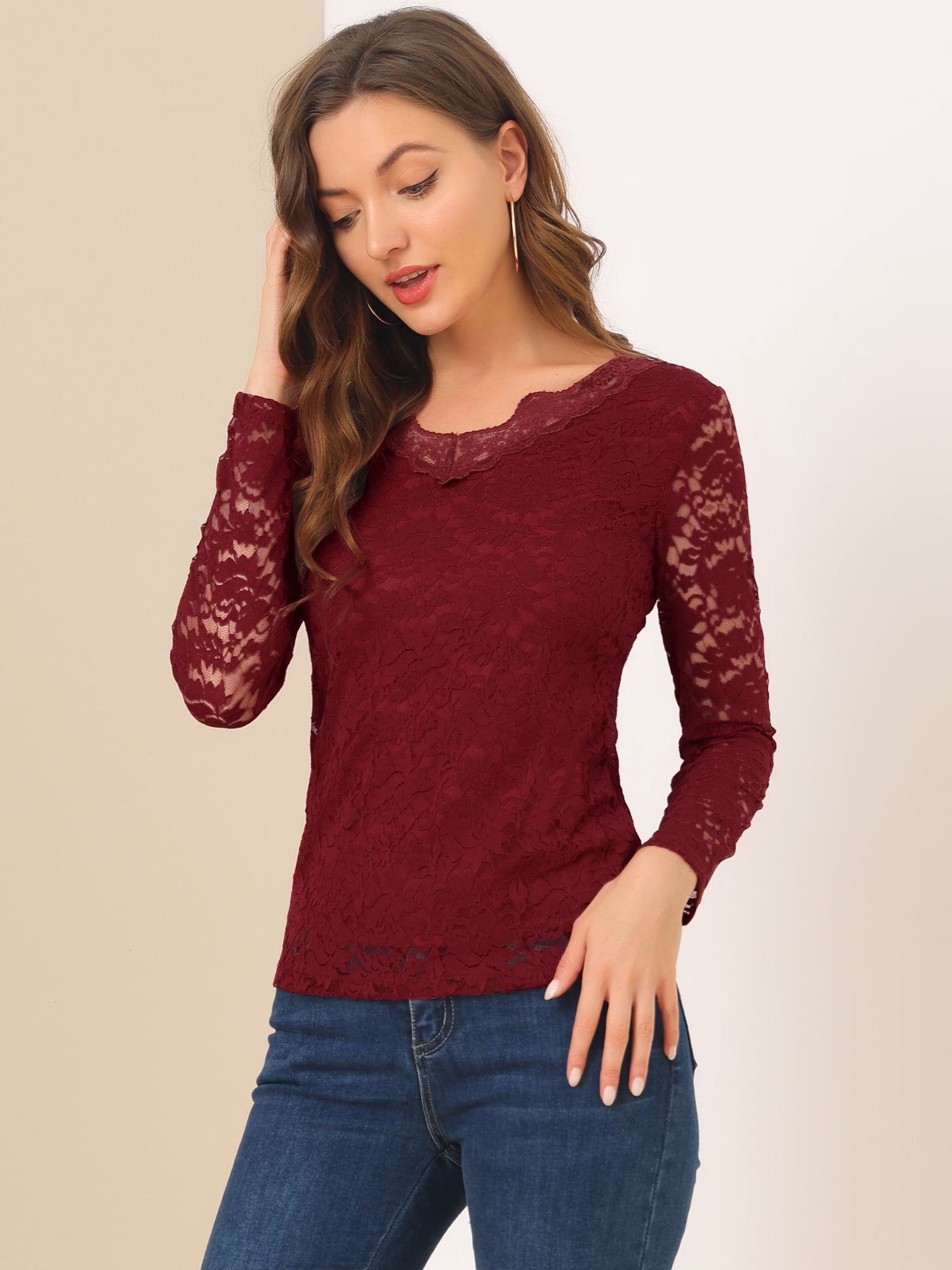 DARING DIVA Floral Lace Shirt Lace Scalloped Trim Blouse S Burgundy