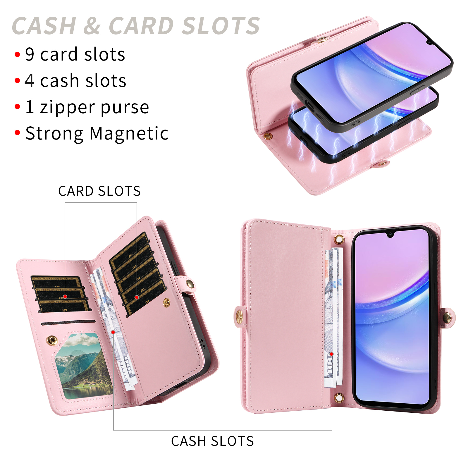 Asuwish Phone Case for Samsung Galaxy A15 5G/4G Zipper Wallet Detachable Cell Cover with Tempered Glass Screen Protector Crossbody Lanyard Strap Bling Glitter Flip Card Holder Slot A 15 G5 15A Pink