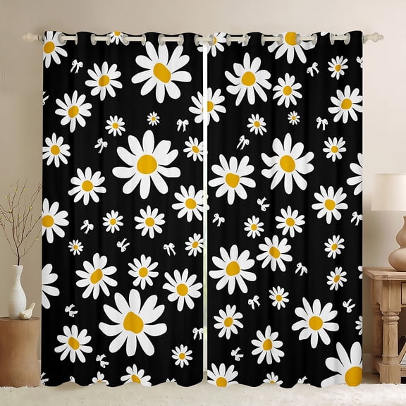 jejeloiu Cartoon Flower Black Out Curtains,Kawaii Floral Curtains Pack of 2 (42x63 Each),White Bow Tie Bedroom Curtains For Teens,Super Cozy Room Decor