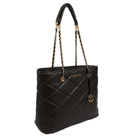 Ellen Tracy Chain Faux Smooth Leather Quilted Tote 001-Black