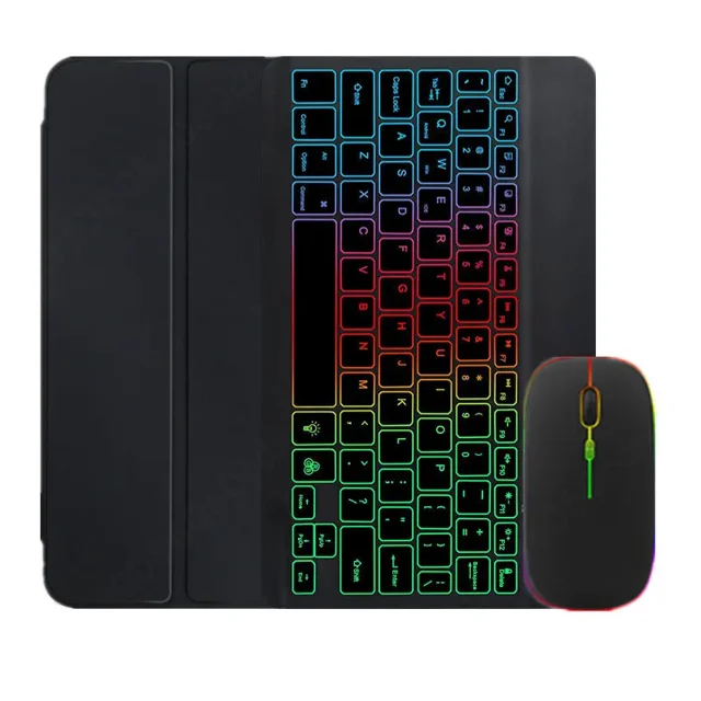 Rainbow Backlit Keyboard Cover For Samsung Galaxy Tab S9 FE Case with Pencil Holder For Galaxy Tab S9 FE 10.9 inch Tablet Cover Black with mouse English