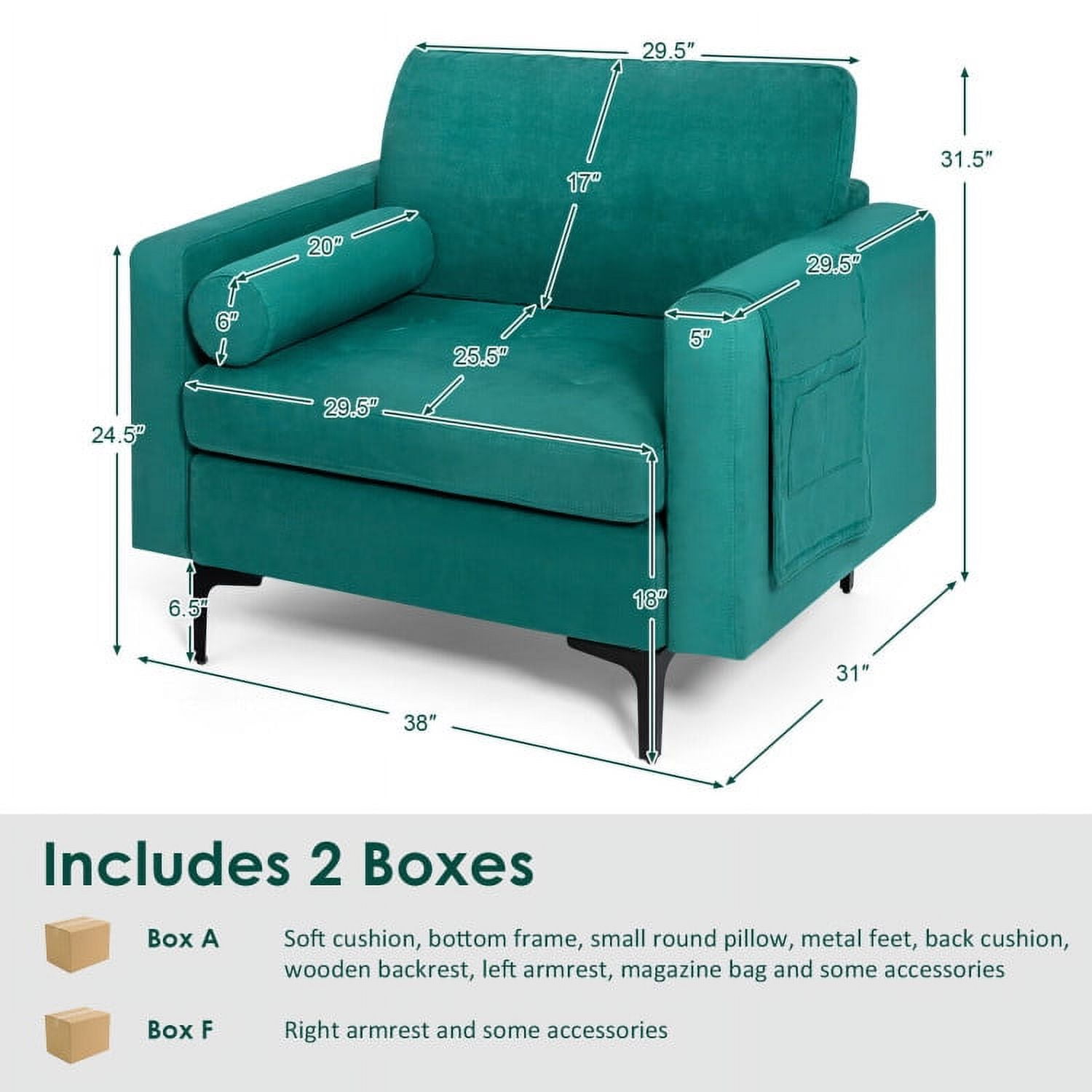 Finihen Upholstered Accent Chair, Modern Accent Chair with Bolster and Side Storage Pocket, for Living Room, Bedroom, Teal