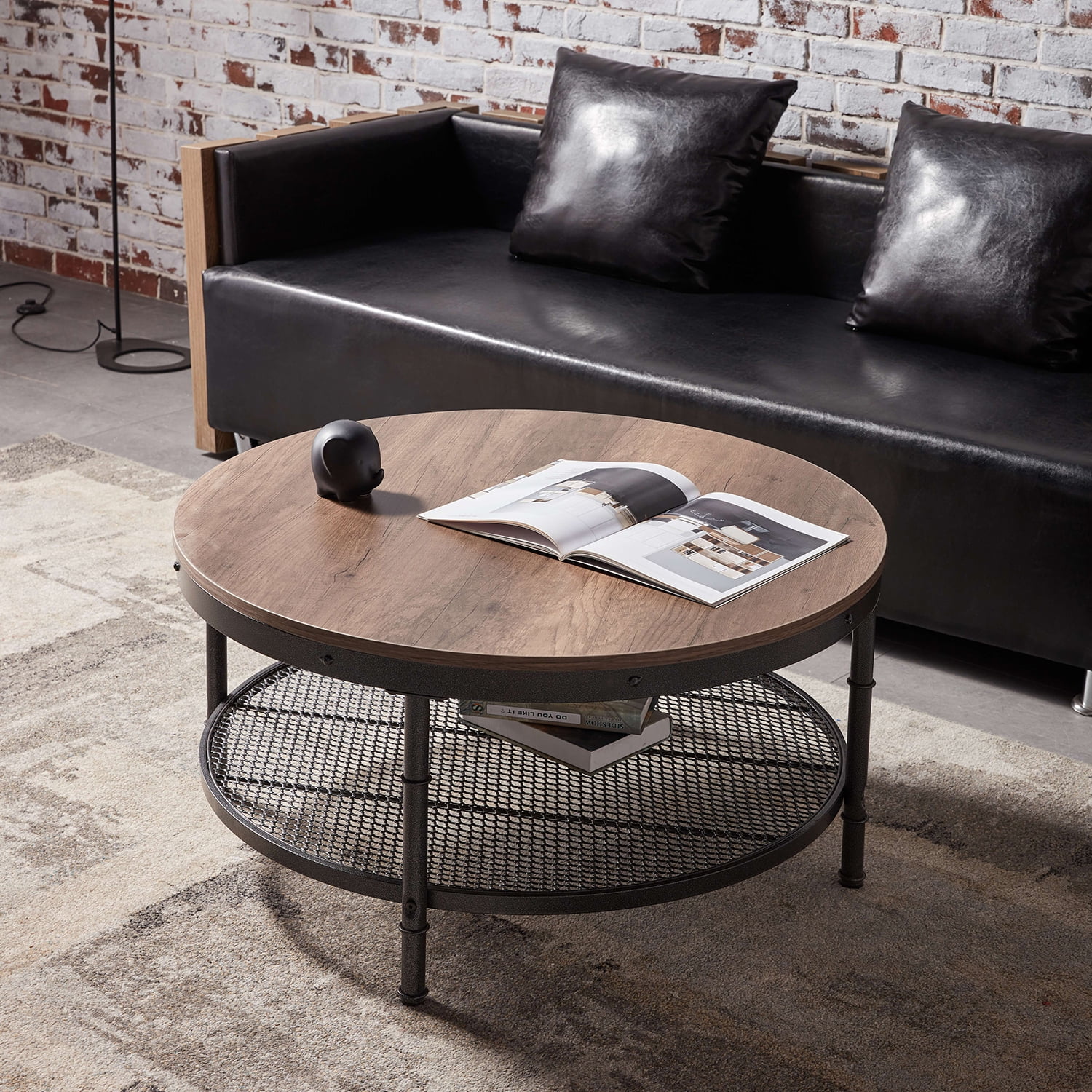 Kadyn 2-Tier Round Coffee Table, Particle Board Coffee Table with 3D Texture Metal Frame and Mesh, Modern Round Coffee Table for Living Room, Walnut