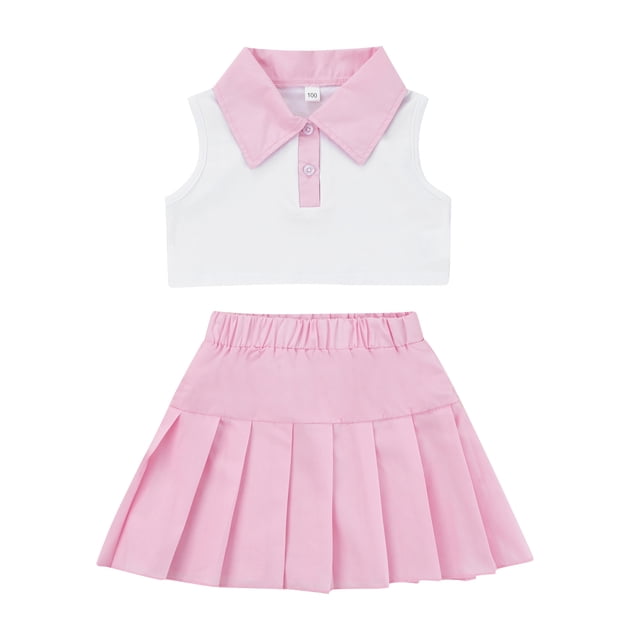 Fortune 2Pcs Little Girls Summer Outfits, Patchwork Lapel Sleeveless Tank Tops+Pleated Skirt Set