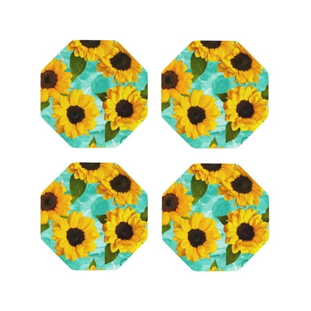 

Tideii Sunflowers With Green Leaves for Leather Coasters 4 Pieces Anti-fouling and Anti-scalding Decorative Coasters Suitable for Restaurants Kitchens Coffee Shops-Octagon