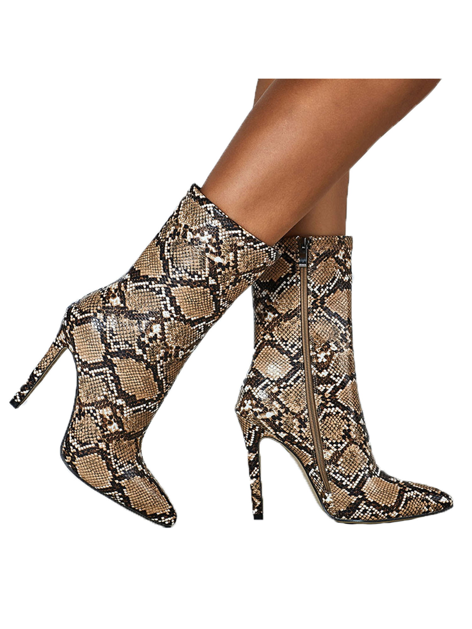 Womens Snakeskin Leopard Print Ankle Booties Pointed Toe Fine Heel Booties Shoes