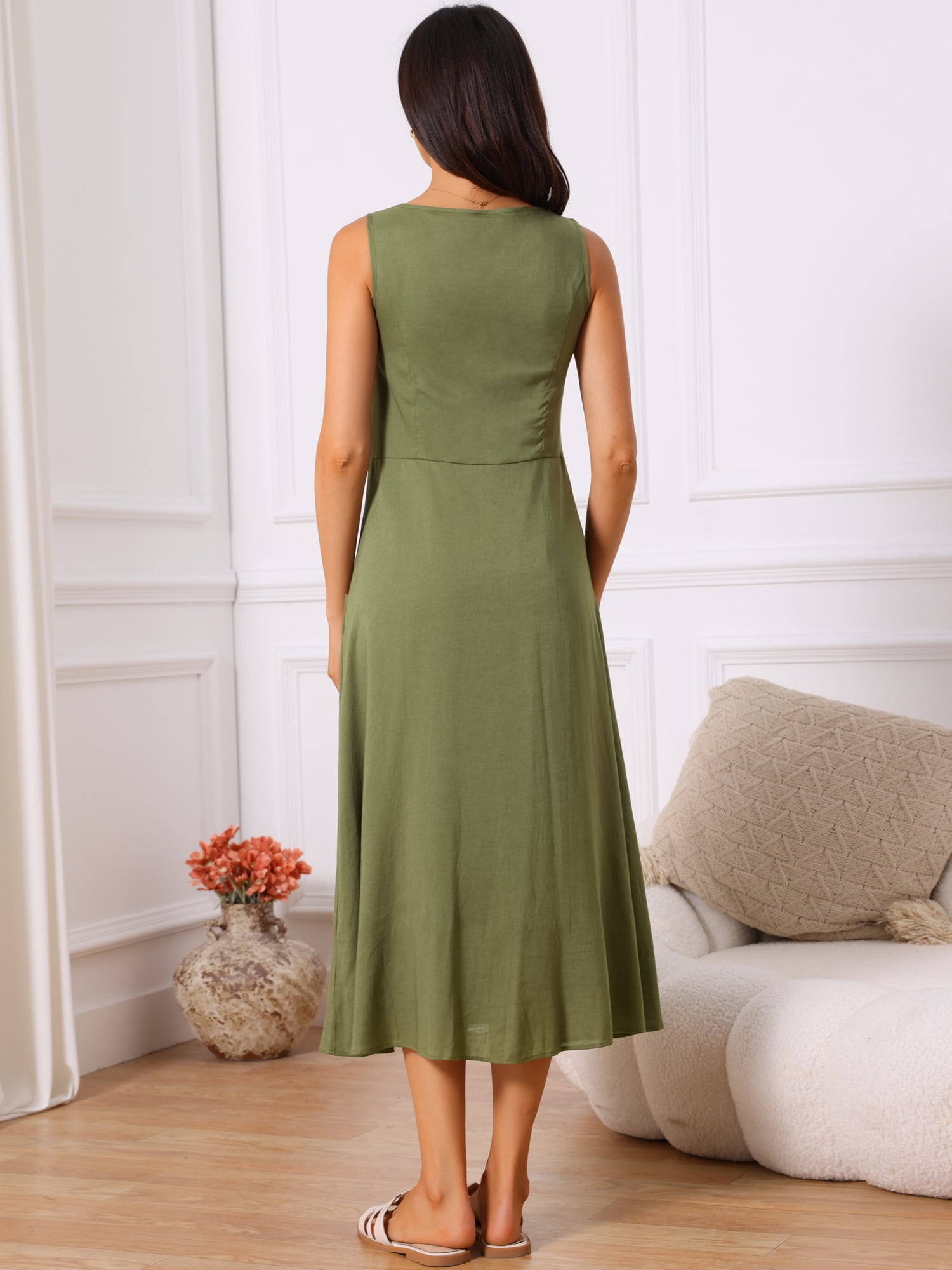 DARING DIVA Women's Sleeveless Loose Flowy Midi Tank Beach Dress S Army Green