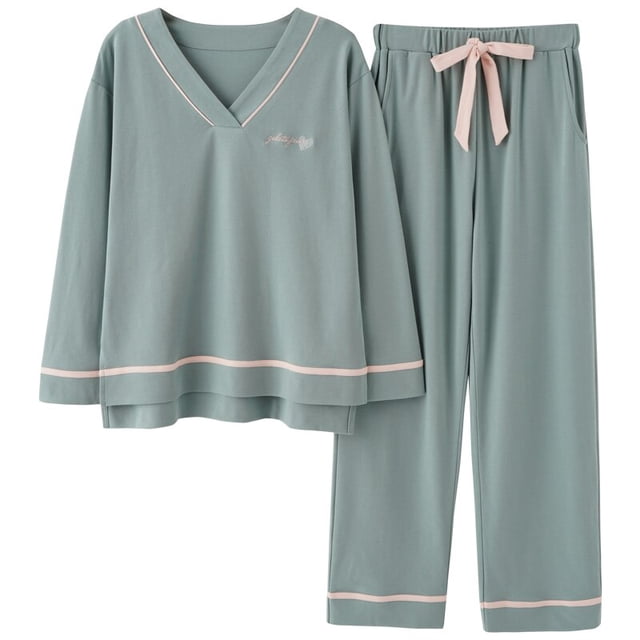 REDHOTYPE Nouveaux Pyjamas en Coton Doux pour Femmes 2 Pcs Grande Taille 3TG Simple Manches Longues Décontracté