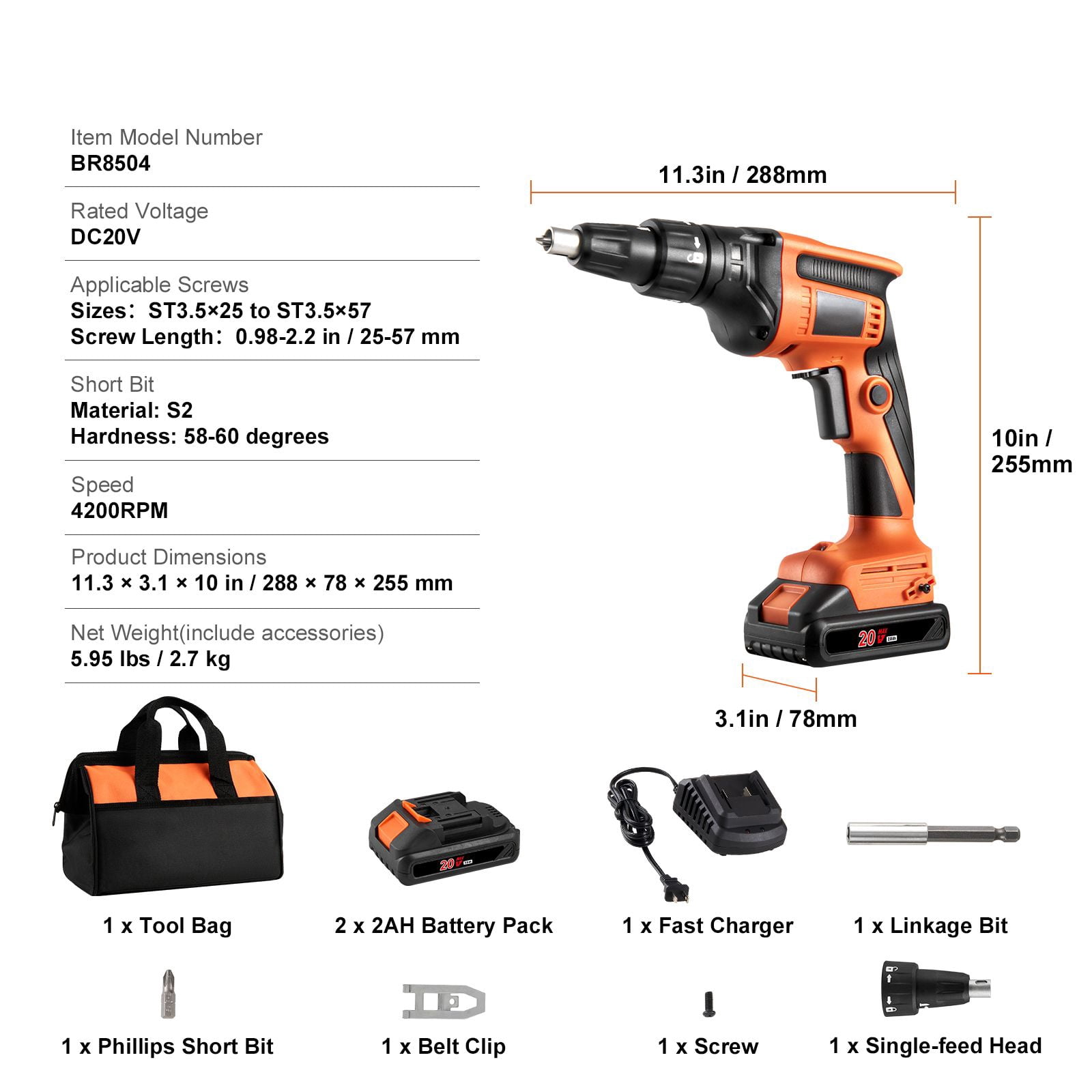 Cordless Drywall Screw Gun with Brushless Motor 4200 RPM, 2 x 2AH Batteries, 3-Mode Adjustment, LED Light, for Drywall Installation