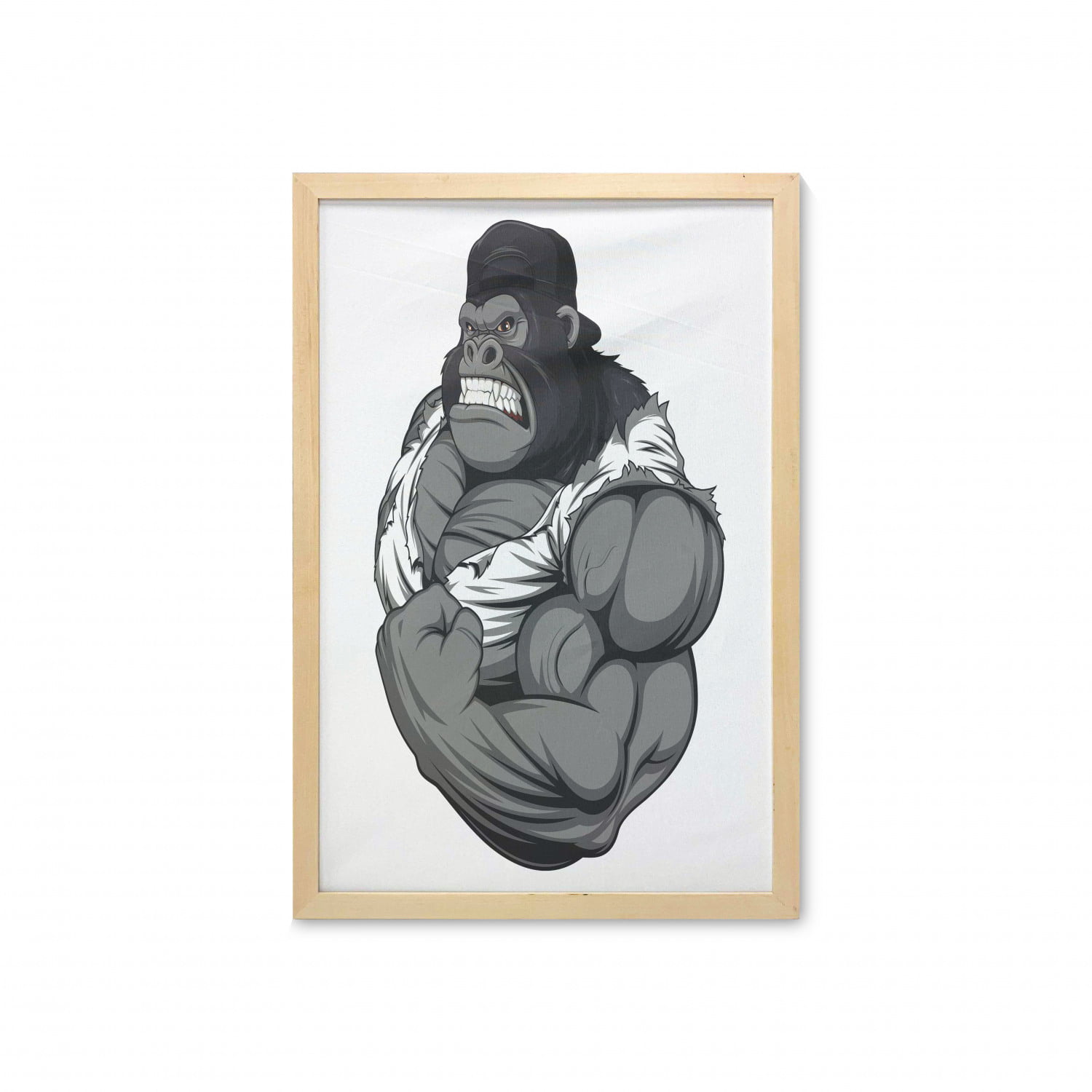 Cartoon Wall Art with Frame, Image of Big Gorilla Like as Professional  Athlete Bodybuilding Gym Animal, Printed Fabric Poster for Bathroom Living  Room, 23