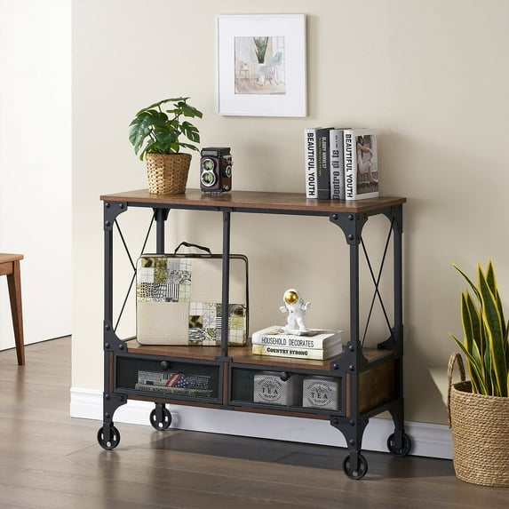 VECELO Industrial Sofa/Console Table with 2-Drawer and 4-Foot Wheels, Brown