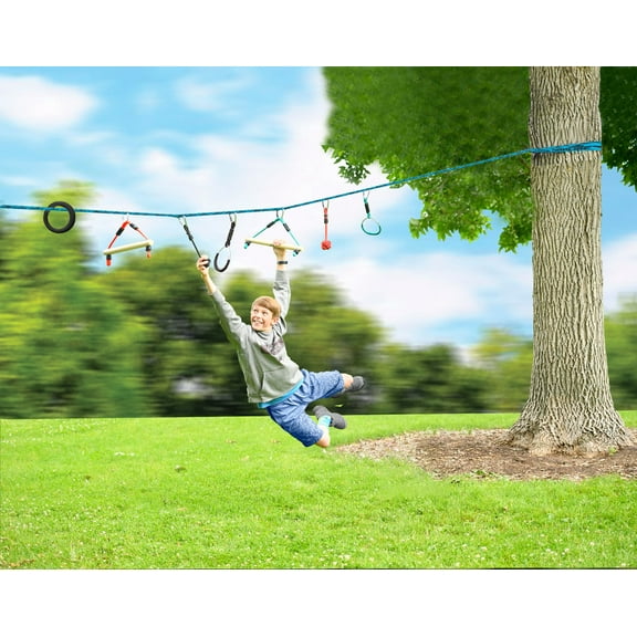Ripline 36ft Ninjaline Portable Jungle Gym System With 7 Obstacles for Outdoor Play or Fitness