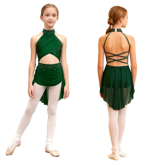 iiniim Girls Ballet Lyrical Dance Sleeveless Rhinestone Figure Ice Skating Dress Dancewear Green 14