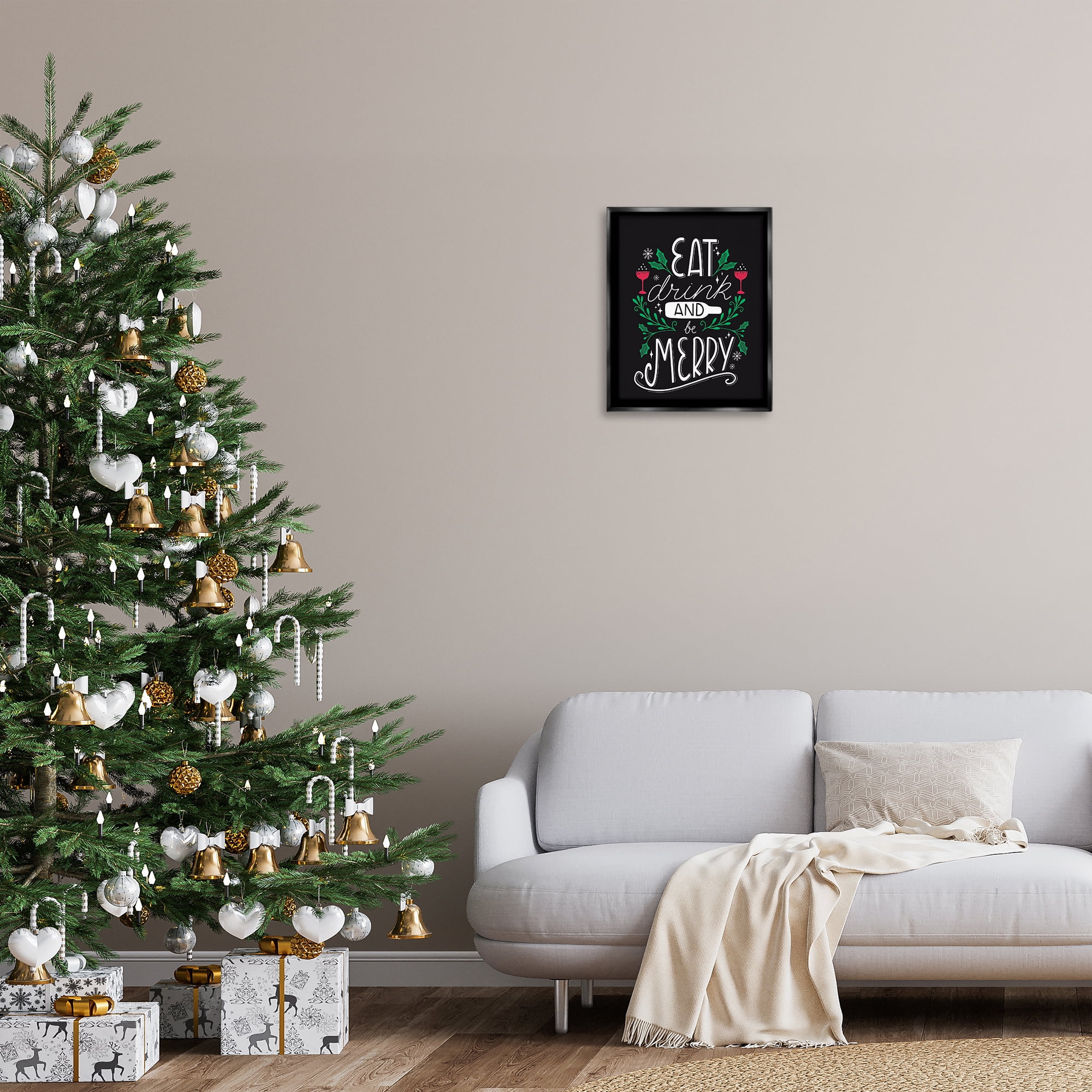 Stupell Industries Eat Drink and Merry Xmas Holiday Painting Black Floater Framed Canvas Art Prints Wall Art, 17 x 21