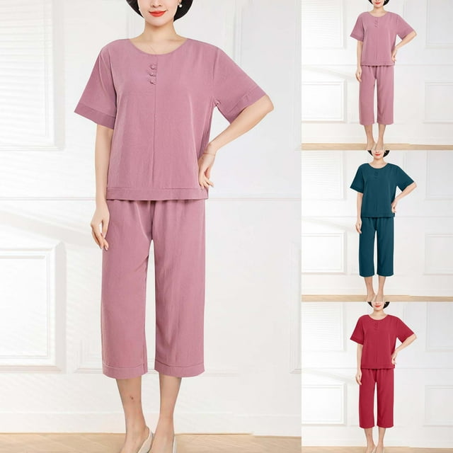 Sentmoon Ensemble Deux Pièces pour Femmes Hauts Tendance pour Femmes 2025 et Pantalons d'Affaires Grande Taille Manches Courtes Col Rond Tenues d'Été pour Femmes Blouses Amples Couleur Unie pour Tenues d'Été