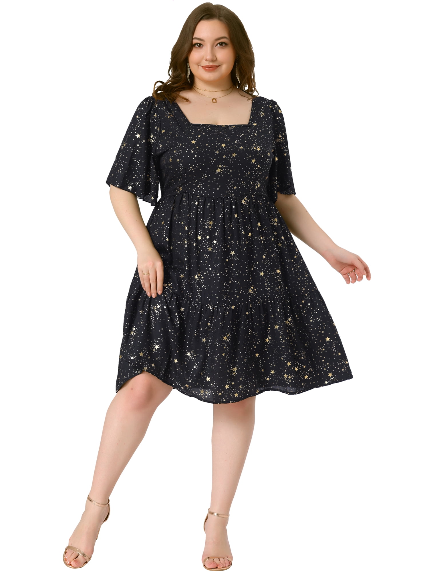 DARING DIVA Plus Size Chiffon Square Neck Short Sleeve Metallic Dress 2X Black