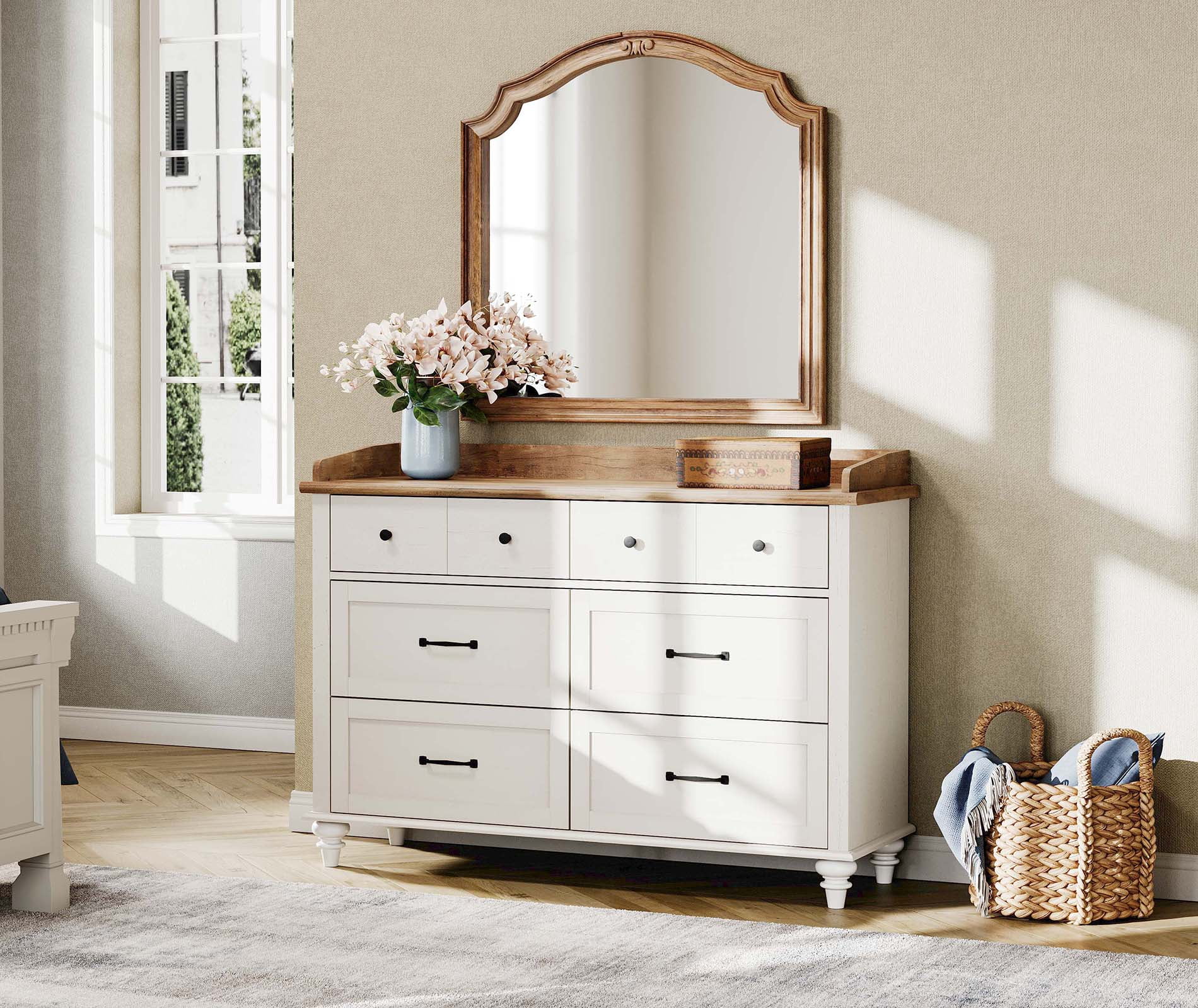 White 6 Drawer Dresser for Bedroom, Wooden Chest of Drawers for Living Room