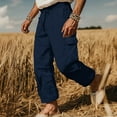 thumbnail image 2 of Wyobmus Mens Linen Cargo Pants Lightweight Elastic Waist Drawstring Hiking Pants Solid Color Loose Casual Beach Pants With Multi Pocket S-3X Dark Blue, 2 of 6