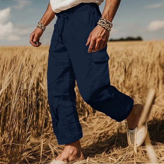 Dxzfnsa Men's Casual Cargo Pants Workout Joggers Stretch Sweatpants Hiking Drawstring Tactical Pants with Multi Pockets Cargo Pants for Men,Dark Blue-L