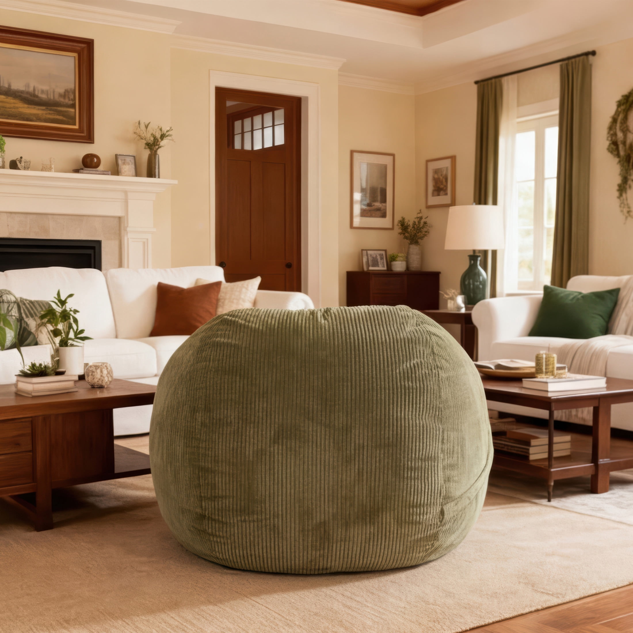 Luna 5 Foot X-Large Bean Bag Chair – Oversized Foam Lounger for Adults & Kids, Plush Corded Faux Fur, Green