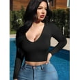 thumbnail image 3 of XXTAXN Women's Sexy Bodycon V Neck Long Sleeve Crop Top Black Size S, 3 of 9