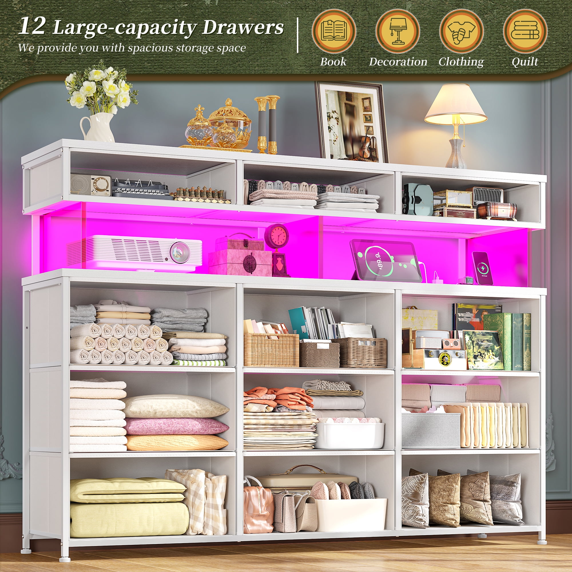Romorgniz White Dresser for Bedroom with 12 Fabric Drawers Wide Dresser with LED Lights & Charging Station Chest of Drawers with Acrylic Sheet