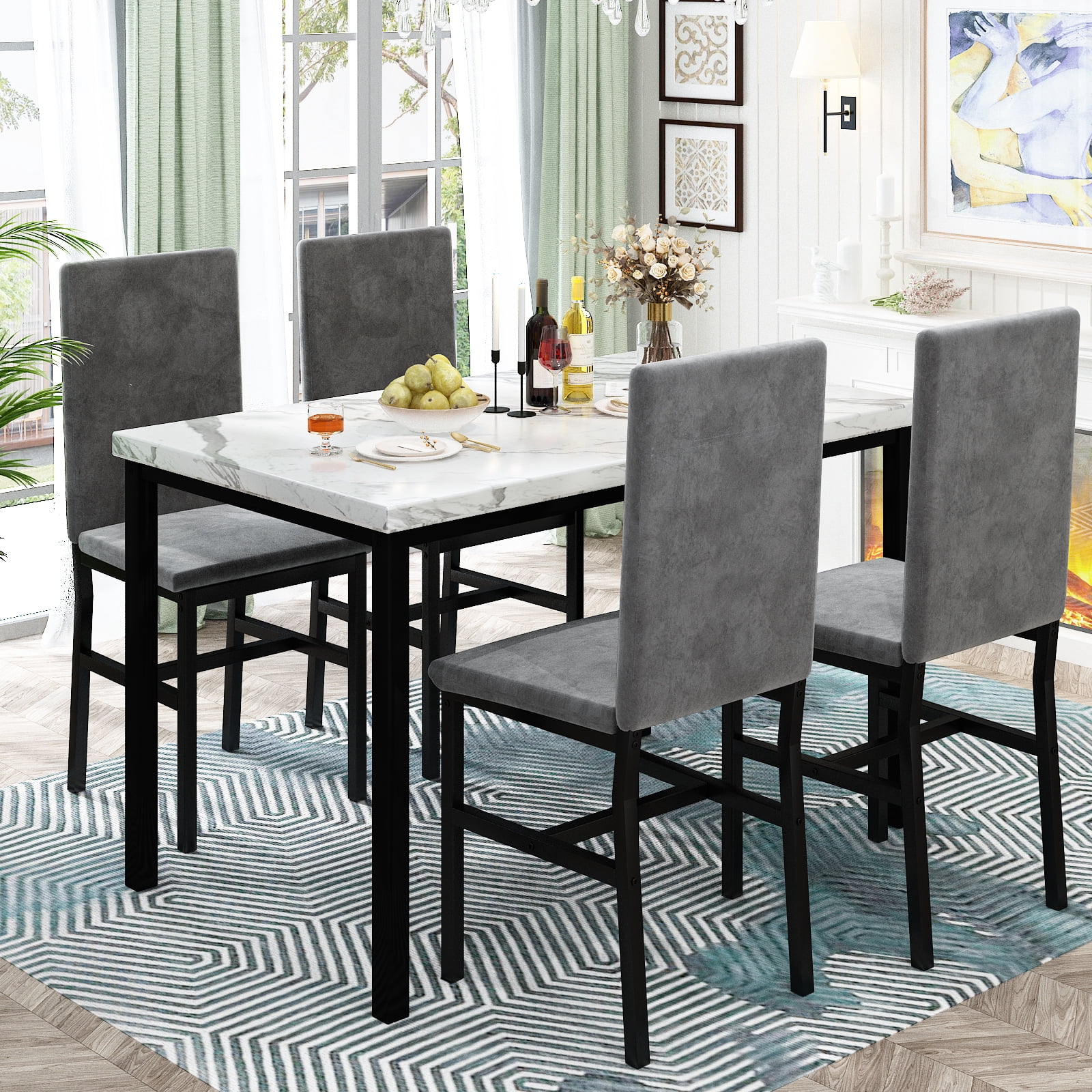 Cvortll 5 Pieces Dining Room Table Set for 4, Space Saving Kitchen Table and Chairs , Set with 4 Upholstered PU Leather Chairs and Faux Marble Tabletop, Gray + White
