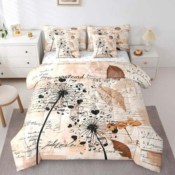 Erosebridal Flying Flower Bedding Sets Twin Size,Musical Notes Comforter Sets with Sheets,Botanical Dandelion Bed in a Bag Twin size,Ultra Soft Vintage Bedroom Decorative,7pcs