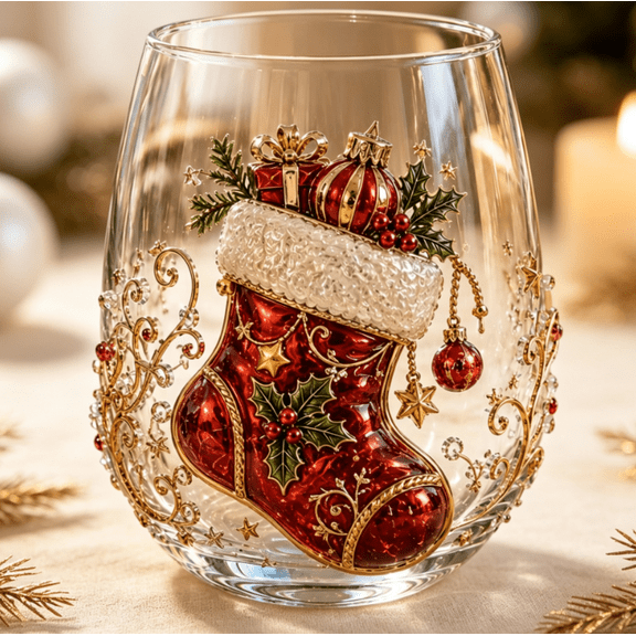 Christmas Glass Art Cup, Stemless Wine Glass with Embossed Santa Reindeer Tree Design, Festive Holiday Glassware for Table Decor & Party Drinkware (Xmas Stocking)