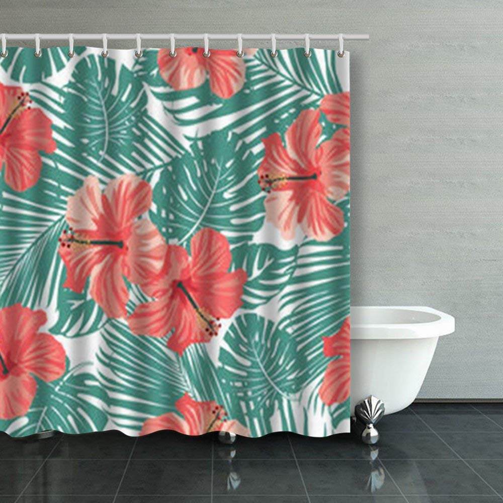 ARTJIA Tropical Coral Flowers Leaves On Black Shower Curtains Bathroom