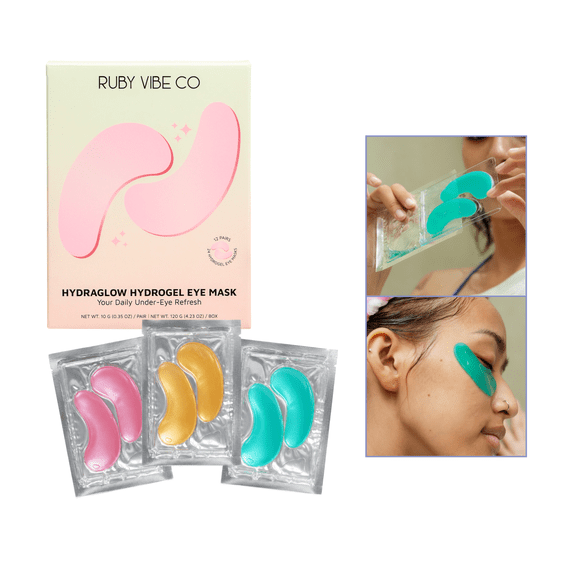 RUBY VIBE CO HydraGlow Hydrogel Eye Mask, Hydrating & Revitalizing, Under-Eye Refresh, Gel Form, Collagen & Hyaluronic Acid, Cooling, 12 Pairs